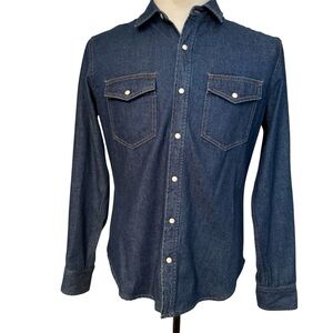 RIVAY NYC USA MENS SHIRT CASUAL BLUE DENIM WHITE SNAP LONG SLEEVE POCKETS SIZE M